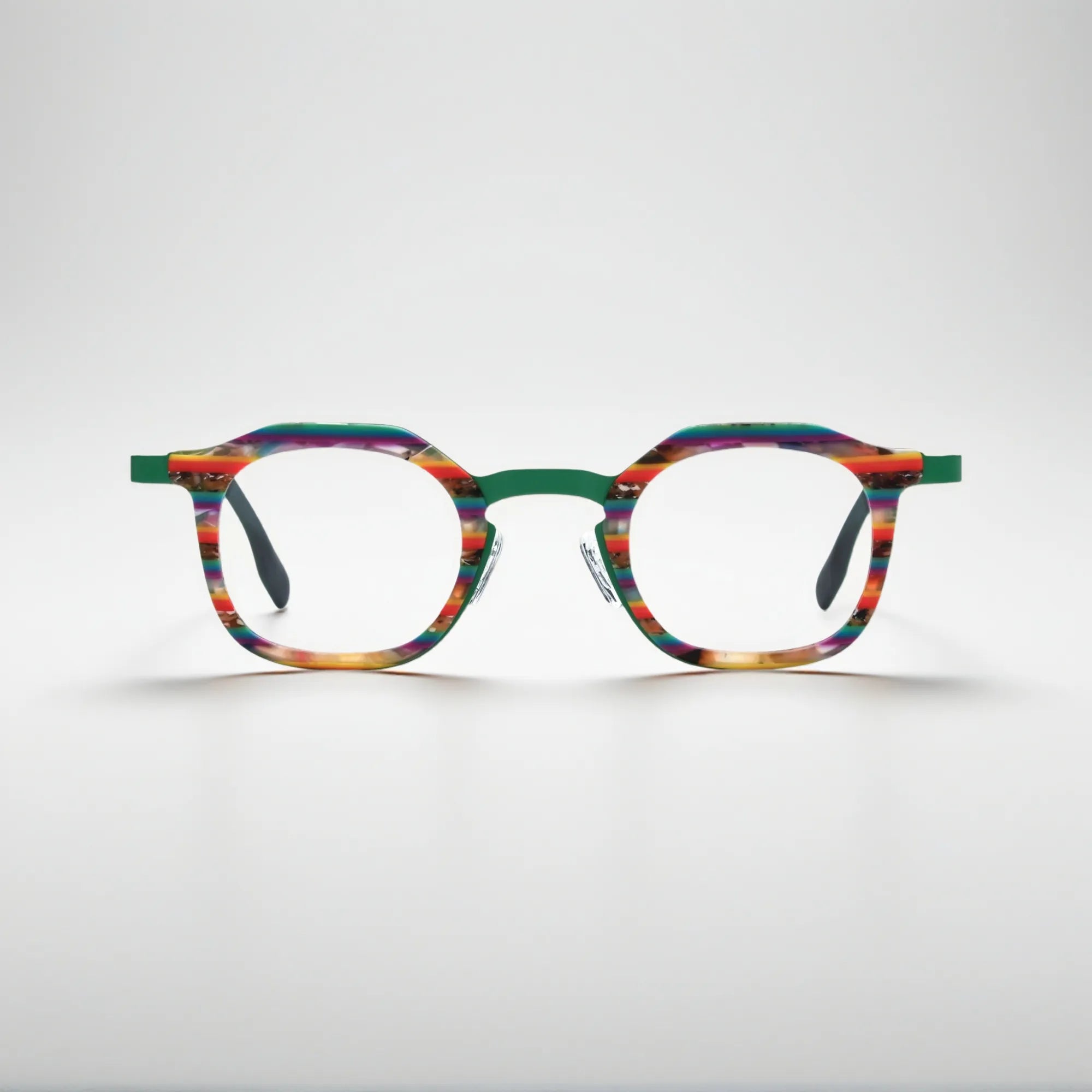 Front view of VoyueLens™ Aurora Stripe square eyeglasses with a green-to-clear gradient acetate front and satin titanium temples.